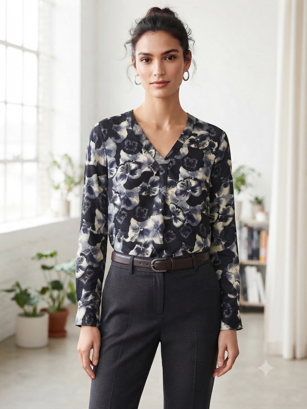Ann Taylor Black Floral V-Neck Long-Sleeve Blouse